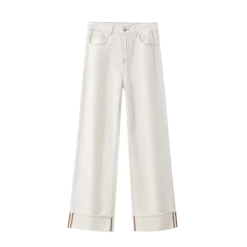 Summer New Women's Clothing With Contrasting Bright Lines And Rolled Hem High Waisted Loose Casual Straight Leg Jeans