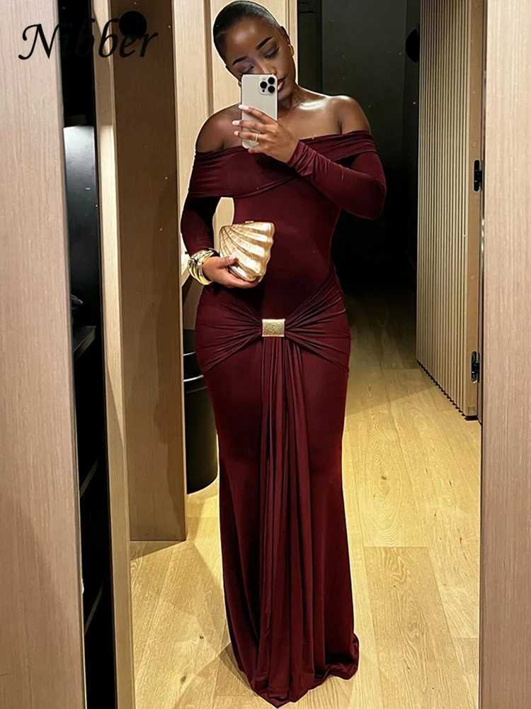 Nibber Elegant Party Dress Ruched Metal Buckle Ribbon Slash Neck Full Set Tight Stretch Birthday Party Slimming and Body Growth W250430