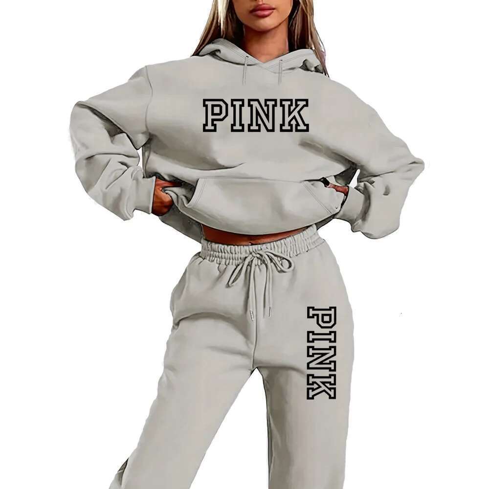 Pink Lady Hoodie And Skinny Pants 2 Piece Hooded Sweatshirt Outfit with Letter Print Sporty Tracksuit Fashionable Ladies Set