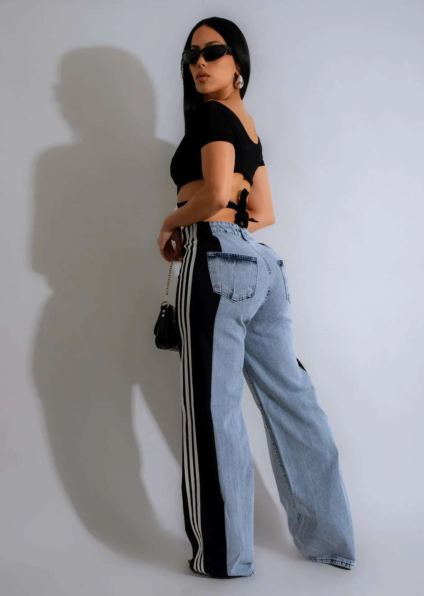 Sideseam Striped Wide Leg Jeans Women High Waist Stretch Denim Pants Patchwork Colorblock Straight Trouser