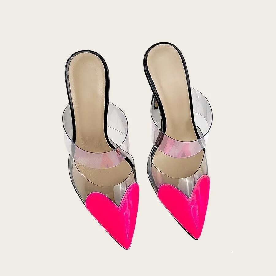 2025 New Women PVC Transparent High Sexy Pointed Toe Heart Shape Decorate Party Shoes Lady Thin Heels Pumps Slipper