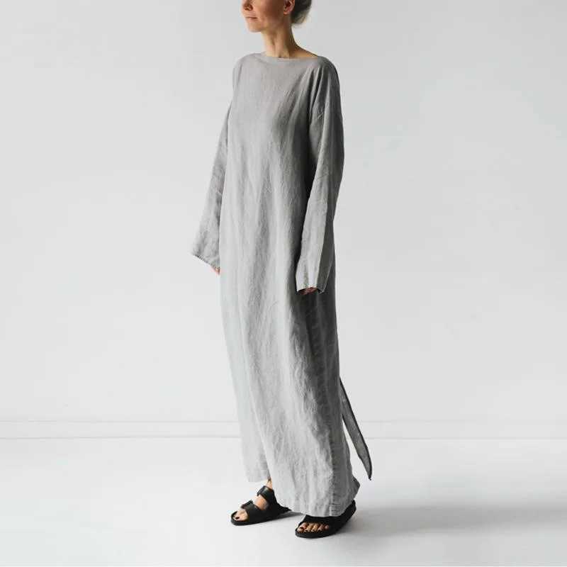 Womens 2025 Solid Color Simple Fashion Solid Color Cotton Linen Dress Long Sleeve One Line Tie Retro Long Dress W250430