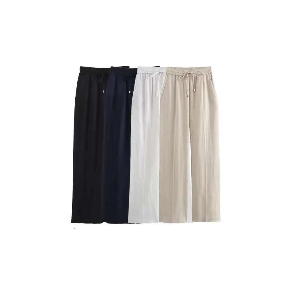 Trza-Women's Straight Pants With Front Pockets, High Elastic Waist, Drawstrings, Female Trousers, Chic Fashion