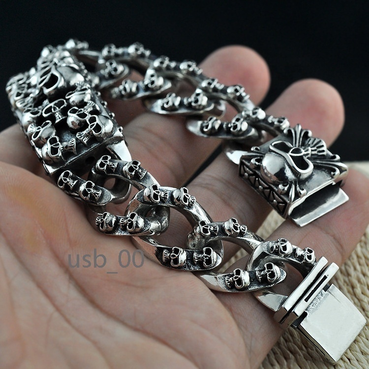 925 Sterling Silver Skull Bracelet for Men Thai Silver Punk Hip Hop Personality Bracelets
