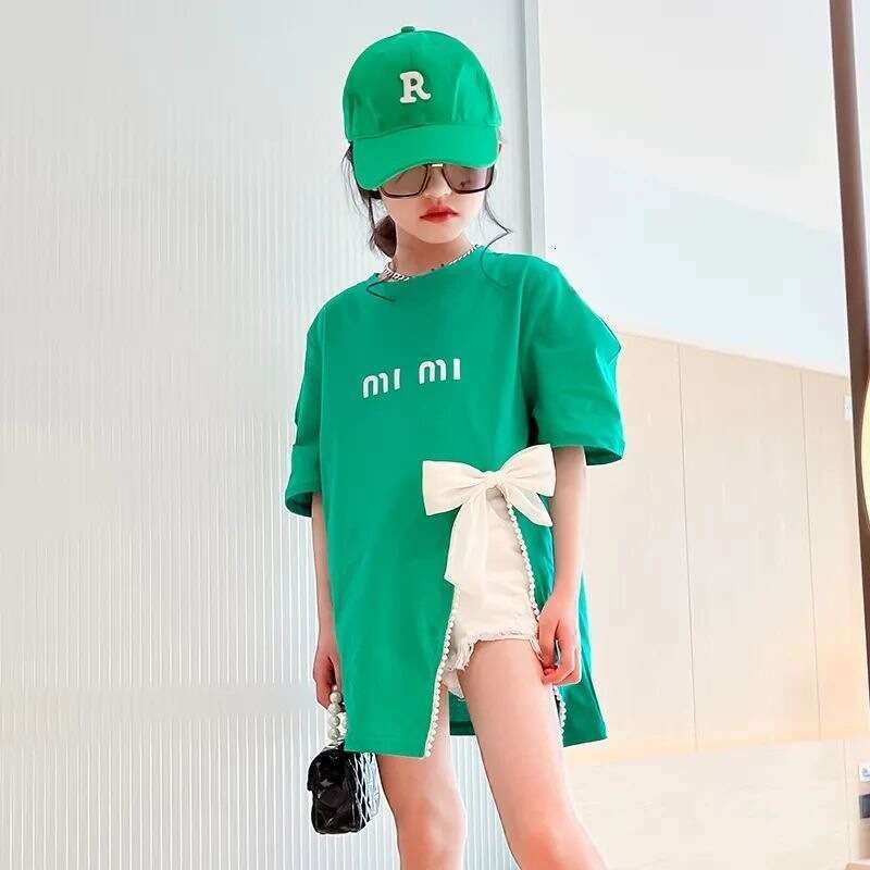 Girl's Cotton T-Shirt Korean Version Short Sleeved Fashion Girl Bow Top, Middle And Large Children's Split Summer T-Shirt Trend