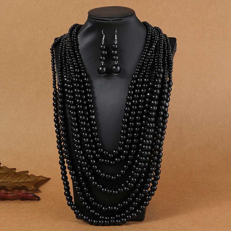 1Set African Style Multi-Layer Wooden Bead Chokers Colorful Bohemian Necklace Earrings Set Party Jewelry