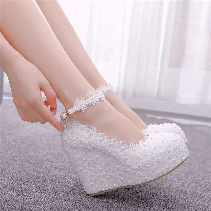 Spring pearl rhinestone lace waterproof platform wedding slope heel high-heeled large size banquet dress women's shoes