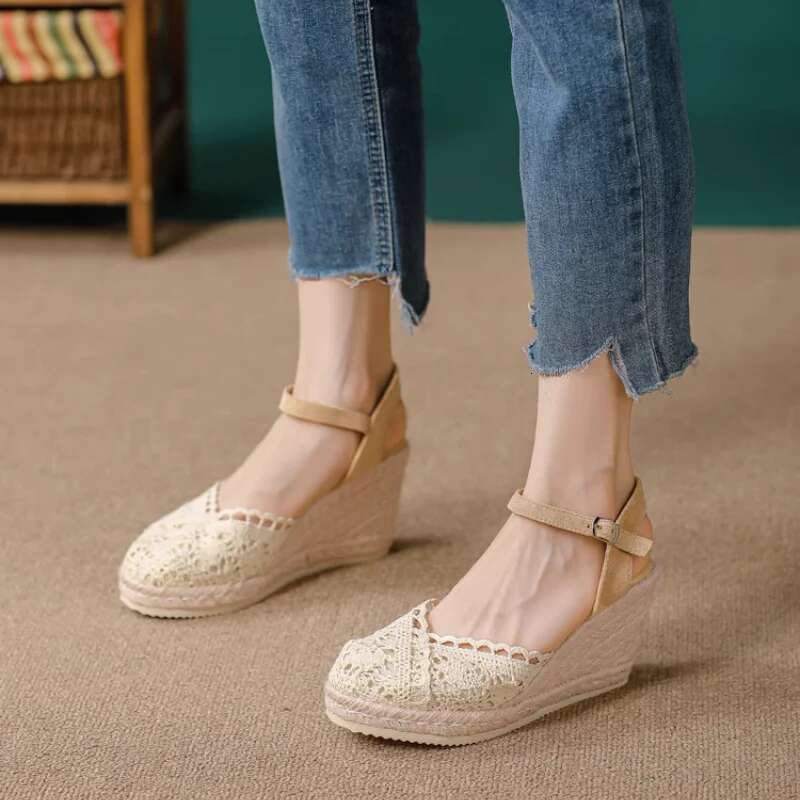 Fashion Designer Thick Sole Wedge Shoes Women Lace Breathable High Heels Canvas Buckle Sandals Gladiator Waterproof Platform Sh