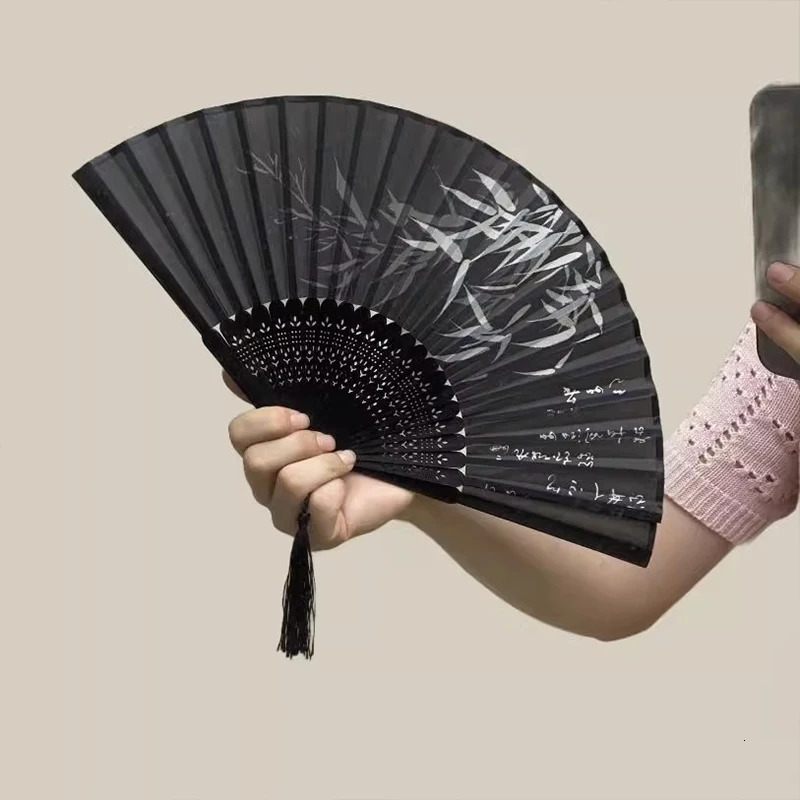 Wooden silk fabric folding fan retro style womens Japanese pattern retro fabric art craft gift home decoration handmade fan 250430