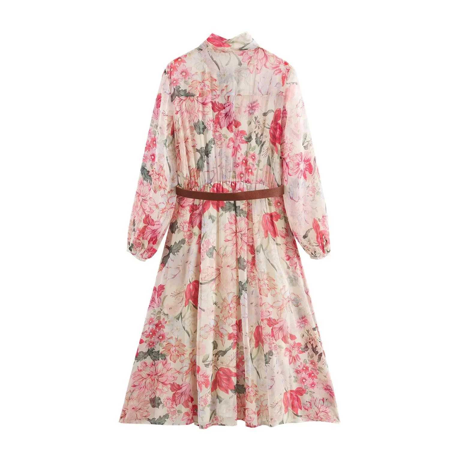 Fashion printed chiffon dress with loose V-neck long lantern sleeves pleated dress for women in summer 2025 womens colorful long robe W250430