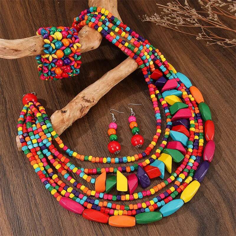 Boho Multilayer Big Colorful Wood Set Geometry Necklace Earrings Sets Nigerian Wedding Indian Africal Beads Jewelry Gift
