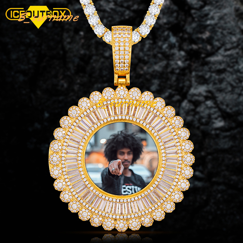 Baguette Memory Photo Pendant Hip Hop Iced Out AAAAA CZ Diamond Photo Custom Pendant Punk Round Diy Sublimation Memory Pendant