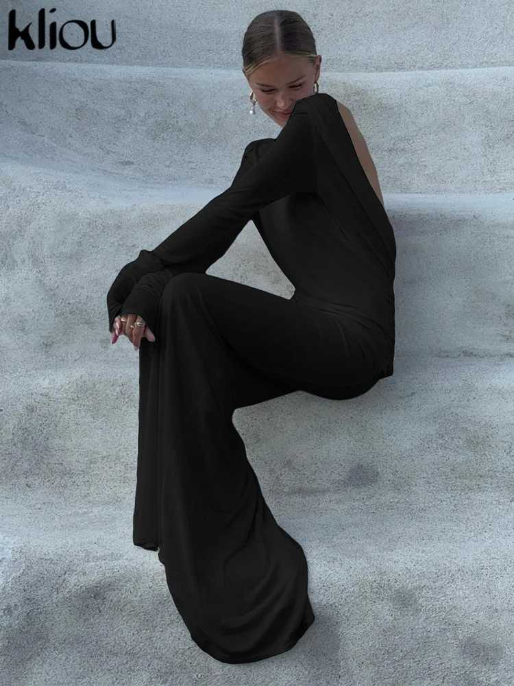 Kliou Solid Elegant Womens Maxi Dress Simple Autumn Classic Trend Full Sleeve Swinging Backless Coat Vestidos Inkless Evening Dress W250430