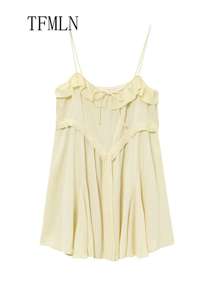TFMLN 2025 Summer Women Tierred Mini Strap Dress Sweet Sleeveless Bow Causal Loose Dress Fashion Yellow Beach Style Dress 250428