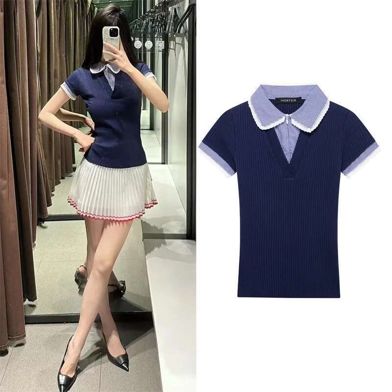 Women's Tops New Spring 2025 Lapel Patchwork T-Shirt Slim Fit Commuting Casual Fashionable And Versatile