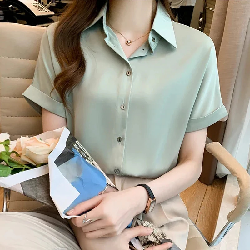 2025 Summer Fashion Collar White Womens Short sleeved Chiffon Shirt Top Blusas Camisas De Mujer E704 250422