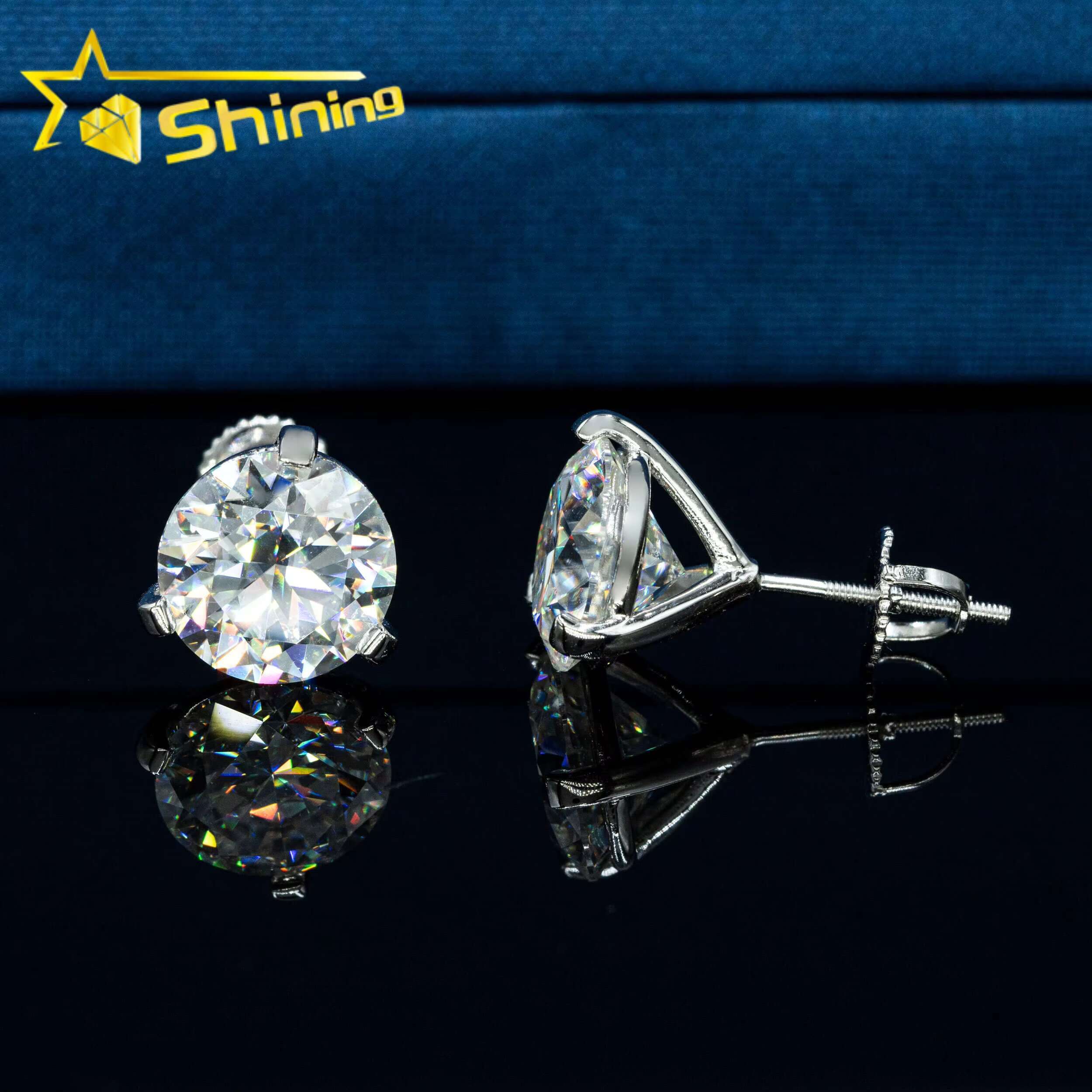 Luxury Stud Earrings 3 Prong Setting 8mm Vvs Diamond 925 Sterling Silver Screw Back Ear Stud for Men and Women