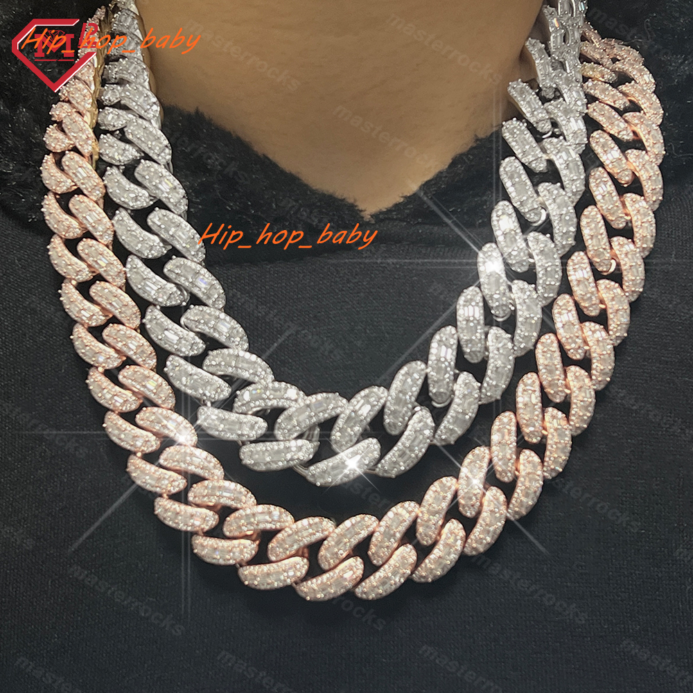 Men 15mm 18mm Baguette Moissanite Cuban 925 Silver Hiphop Iced Out Moissanite Cuban Link Chain