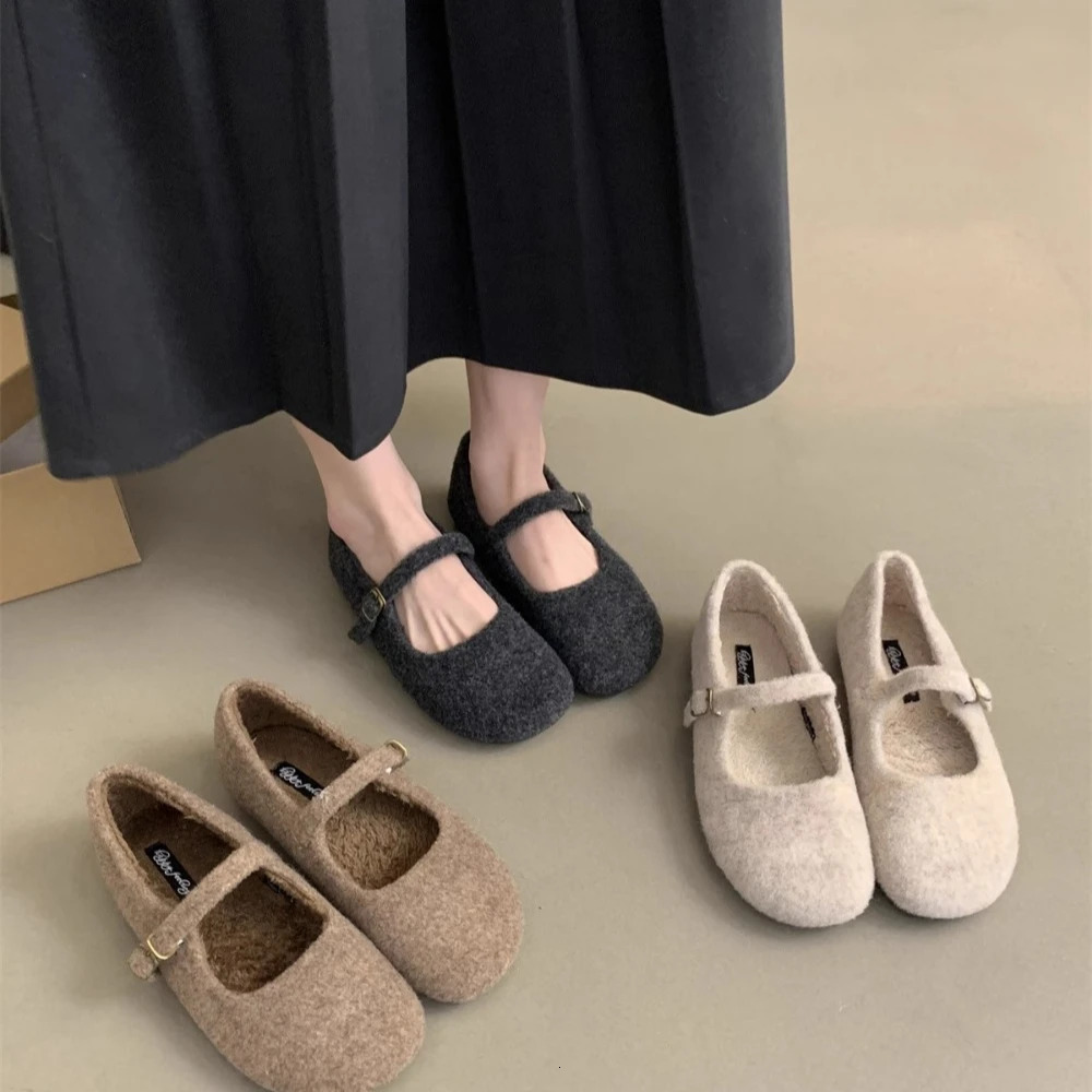 Fashion Square Toe Wool Ballet Apartment Womens Winter Warm Wool Mary Jane Shoes Womens Elegant Plush Coat 250425