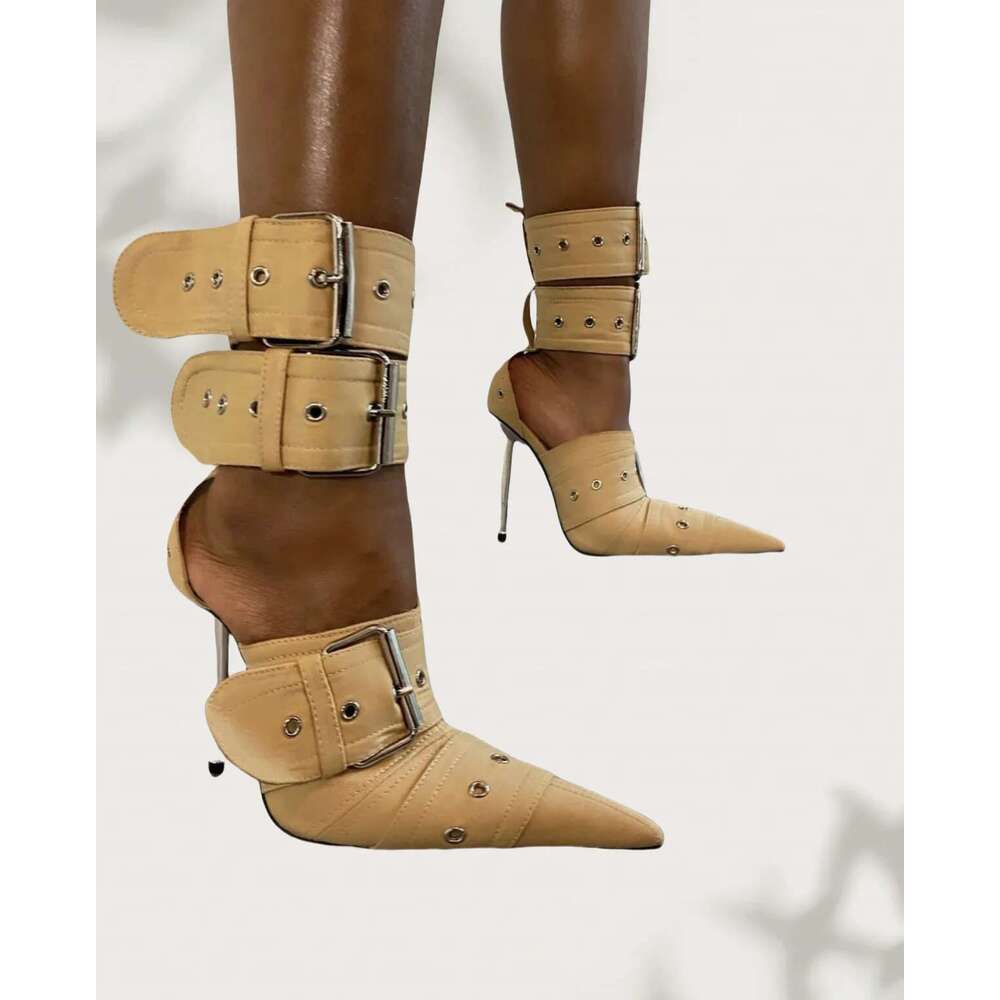 Fashion Pointed High Heels Rivet Buckle Strap Sandals Metal Cutout Boots Sexy Punk Brand Designer Women Shoes