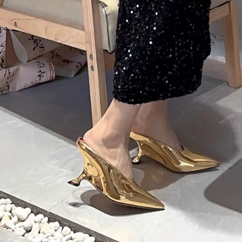 New Fashion Pointed Toe Mules Large Size Women Slippers Gold High Heels Wedge Heel Slip-on Sandals Closed toe Casual Shoes