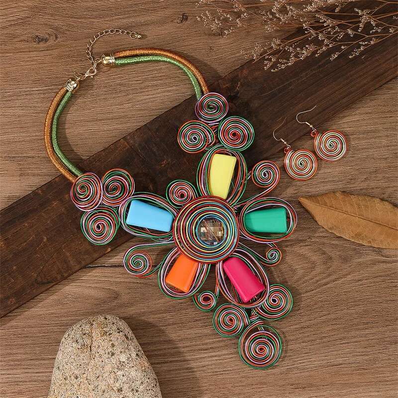 New Exaggerate Aluminium Flower Colorful Jewelry For Women African Bridal Necklace Earrings Set Party Jewellery Gifts