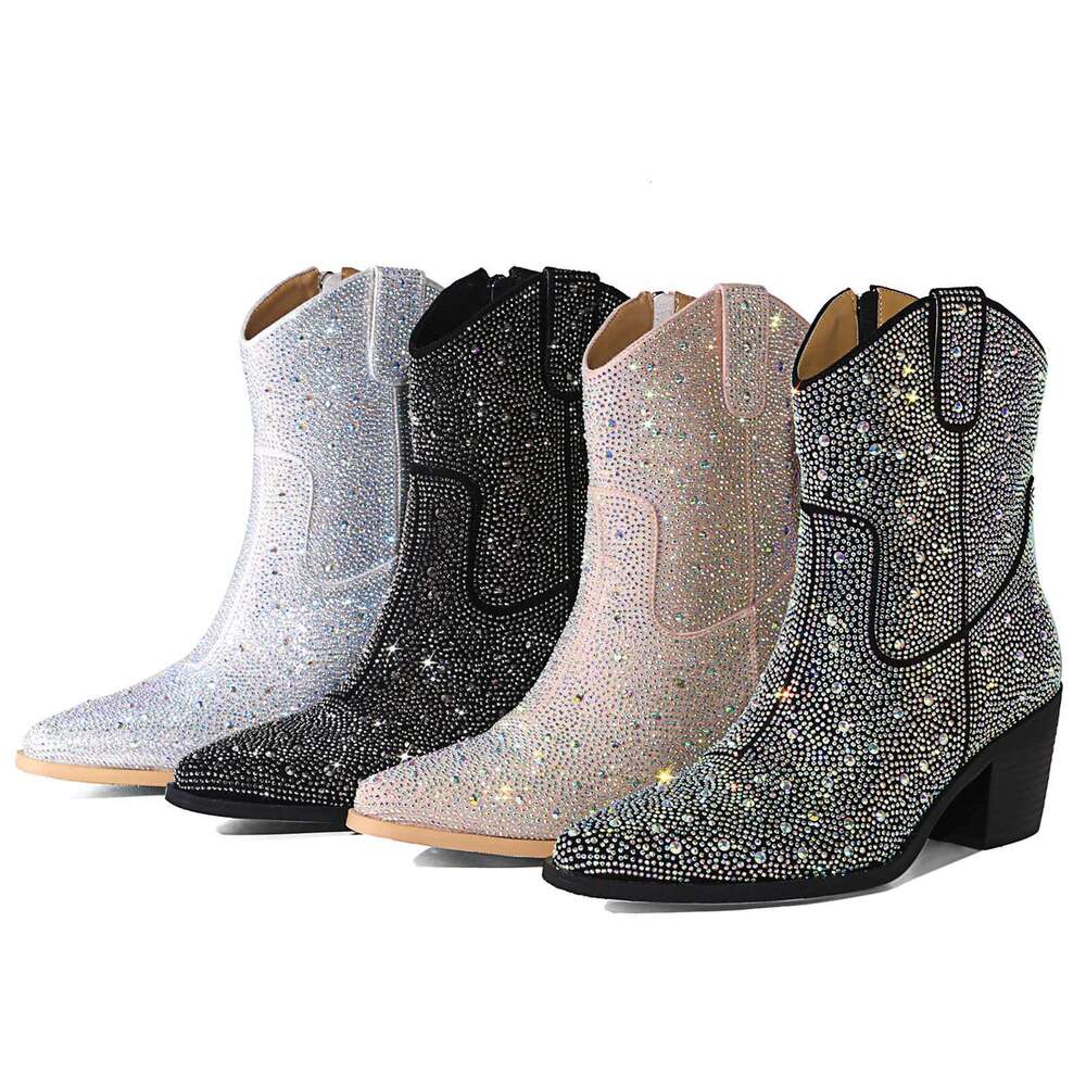 Spring Autumn Fashion Rhinestone Chunky Heel Pointed Toe Comfortable Shoes Women Ankle Boots Shiny