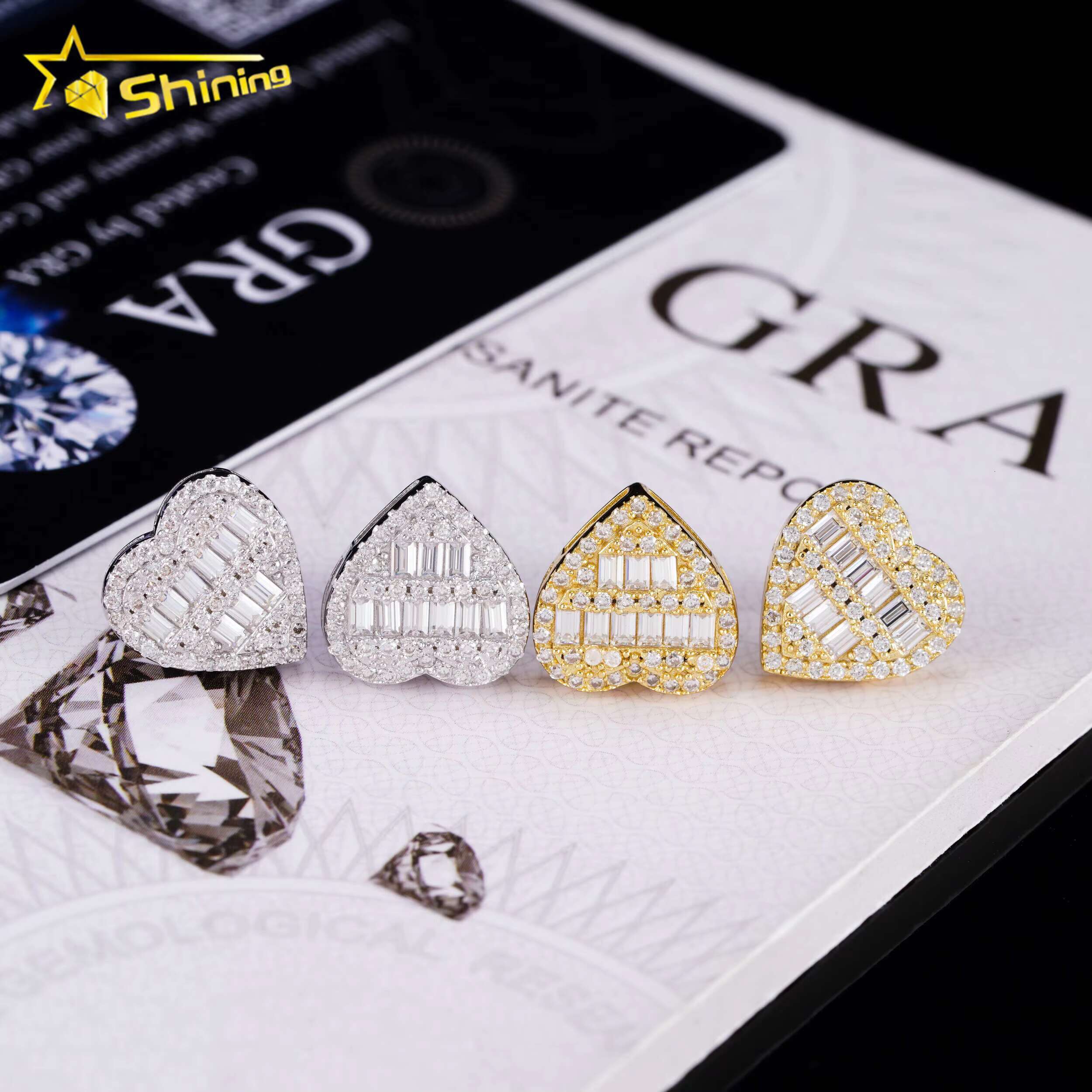 Baguette Moissanite Earring S925 14K Gold Plated Heart Shape Stud Screw Back Hot Sale Fashion Earring Jewelry