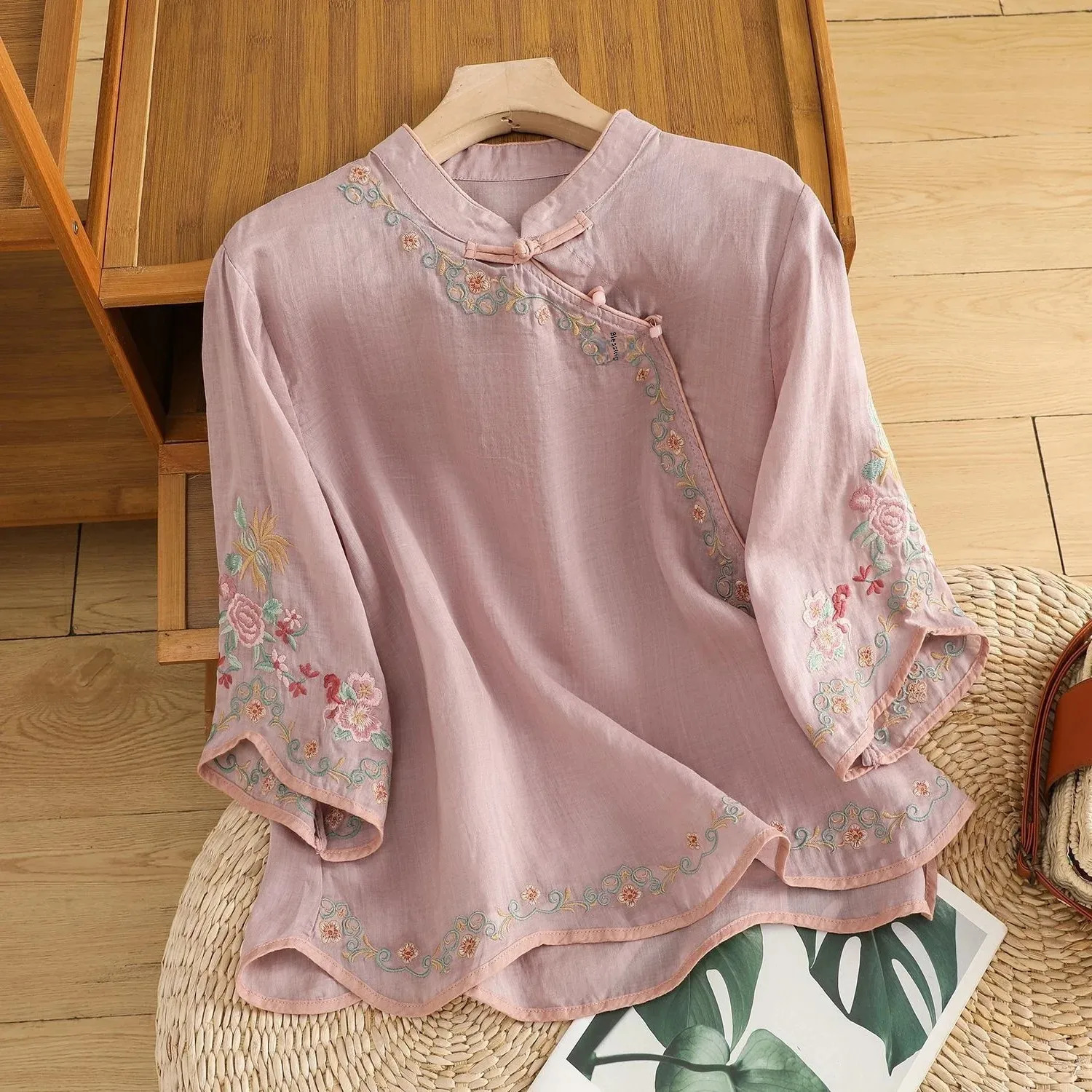 Summer art retro embroidery weight loss cotton linen womens top with buttons colorful block shaped sleeveless shirt suitable for prolonging life 25042