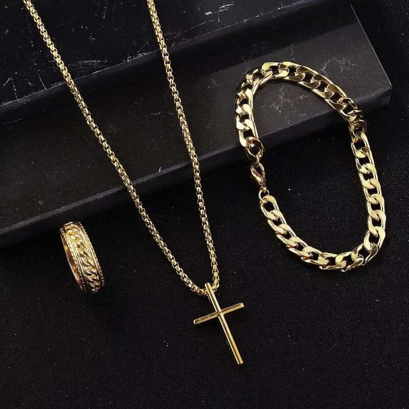 Hip Hop Fashion Cross Pendant Necklace Bracelet Chain Ring Men's Set Simple Personality Party Three Piece Jewelry Accessories