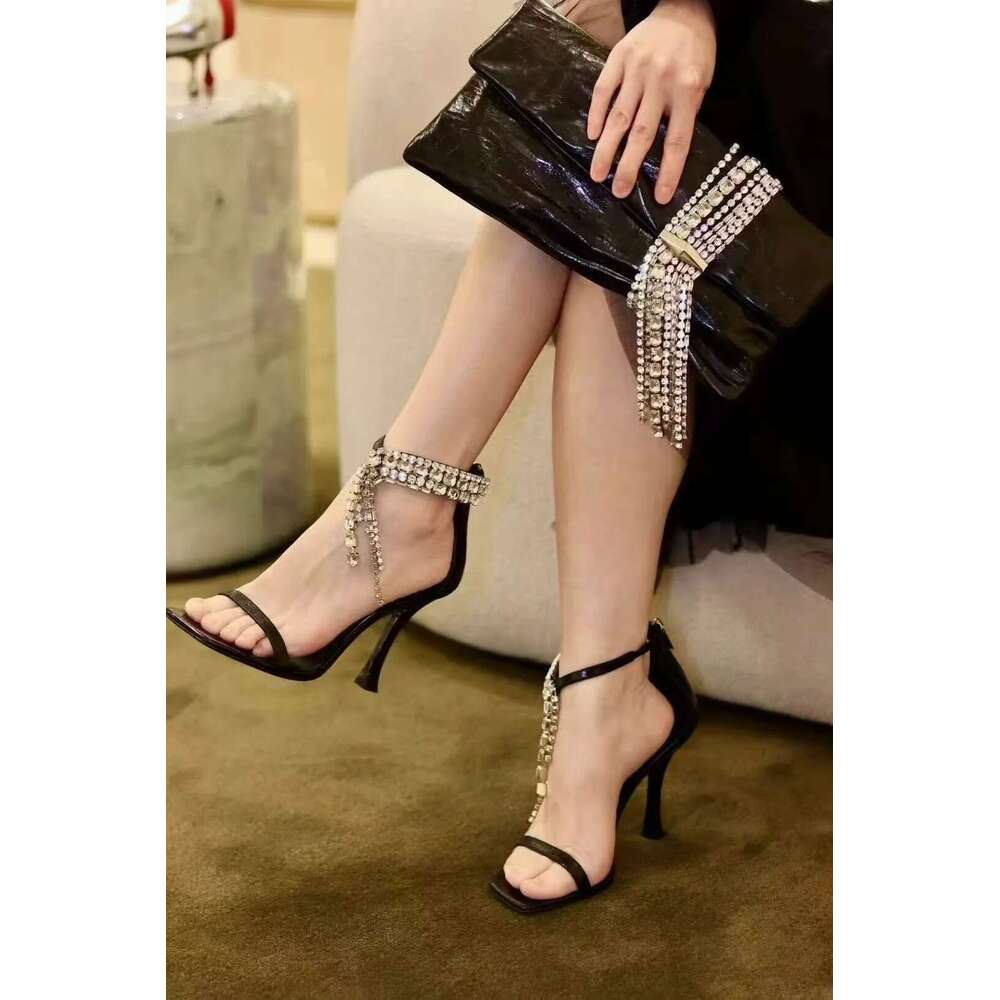 Brand Designer Rhinestone High Shiny Chain Sandals Elegant Buckled Stiletto Heels Pointed Open Toe Women Shoes