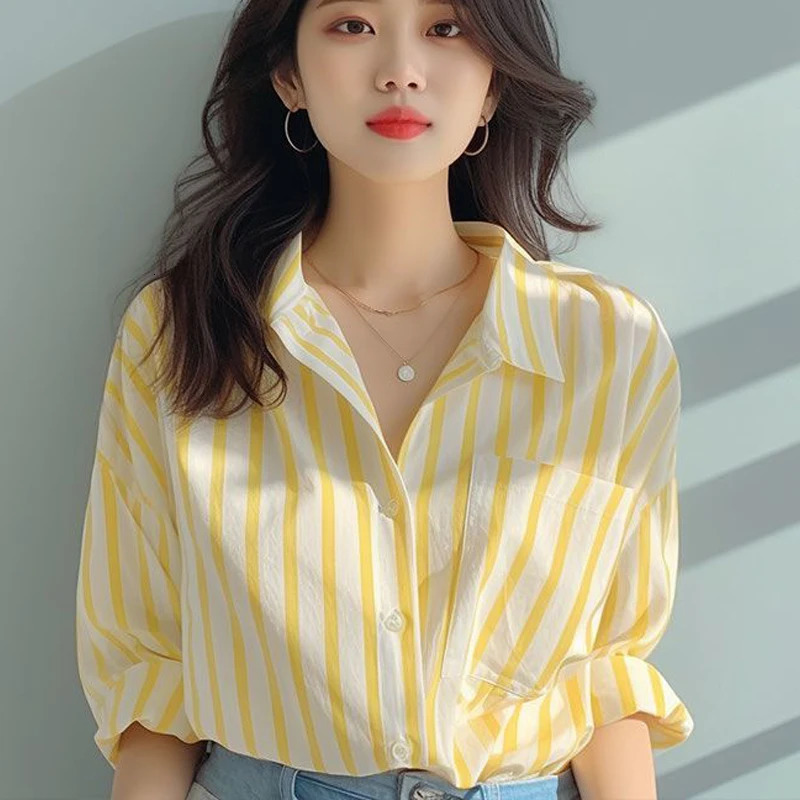 Striped womens shirt Korean style long sleeved top casual autumn fashion 2024 lapel pocket dress 250422