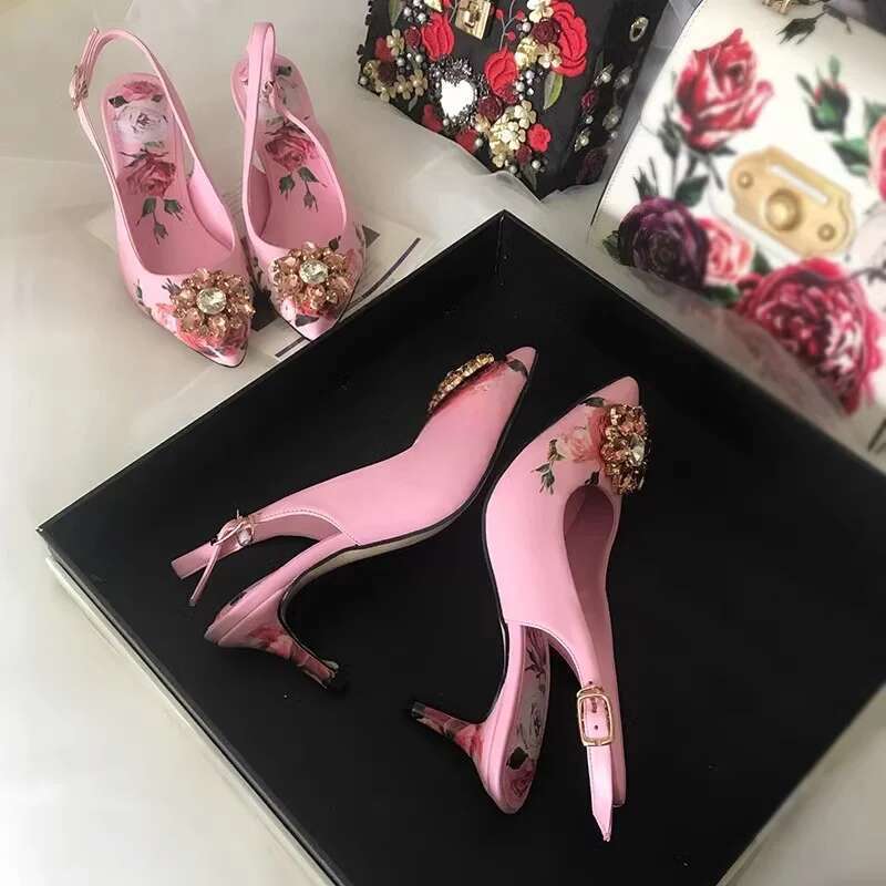 Fashion Slingback High Heels Hollow Pointed Rose Women Sparkling Crystal Sandals Wedding Dress Shoes