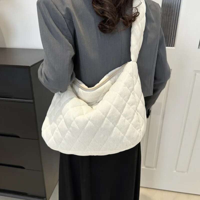 Casual Dia Corduroy Solid Colour Shoulder Winter Thread Minimalistic Crossbody Thick Commuter Large Tote Bag Bag