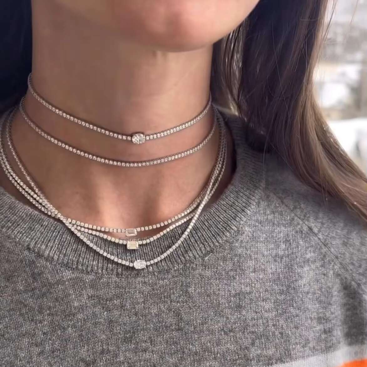 Bling Silver Plated Fashion Fine Women Jewelry Micro Pave CZ Oval Zirconia Tennis Chain Necklace