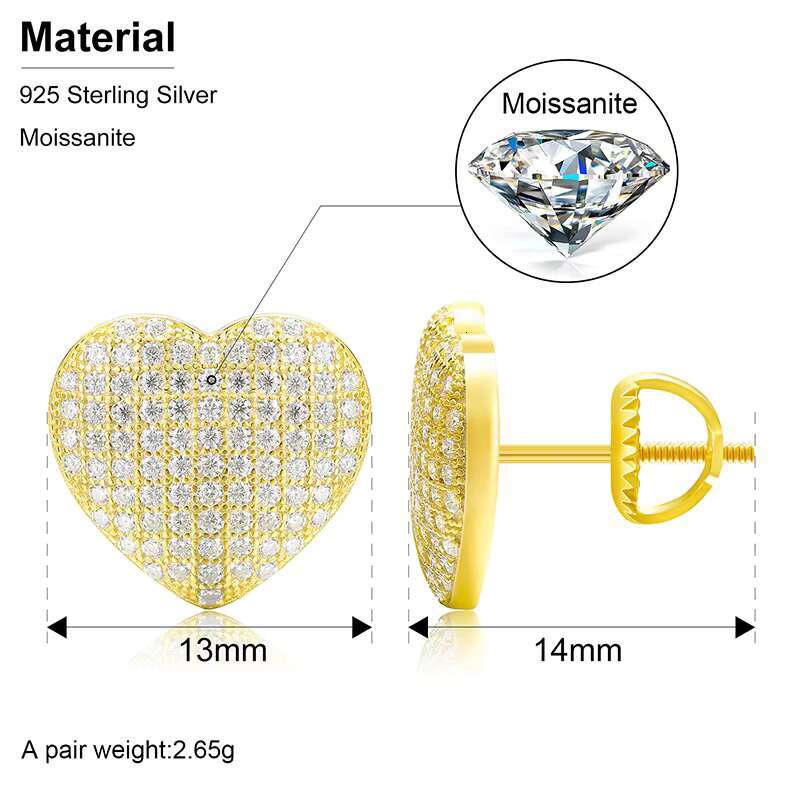 Drop Shipping Factory Direct Sale Classic Design Pure Yellow Gold Heart H A Cut 18K Moissanite Diamond Earrings Stud Earrings