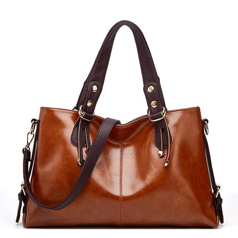 Retro Minimalist Atmosphere Large-Capacity Wide Shoulder Strap Solid Color Tote Bag, Ladies' Fashion Multi-Layered Wax Oil Leather