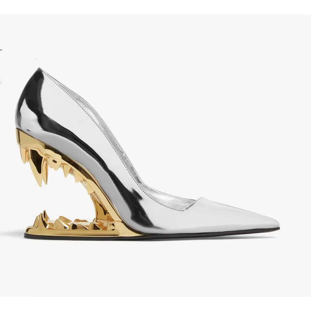 New Fashion Heel Show Metal Tooth Wedge High Heels Branded Pointed Toe Pumps Wedding Banquet Women Shoes