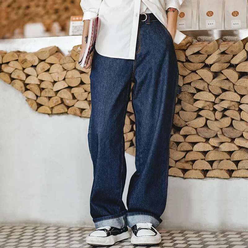 Maden Women's Dark Blue Denim Jeans Vintage Straight-leg Wide-leg Loose Fit Casual Pants Elastic Waist Cuffed Oversize Trousers