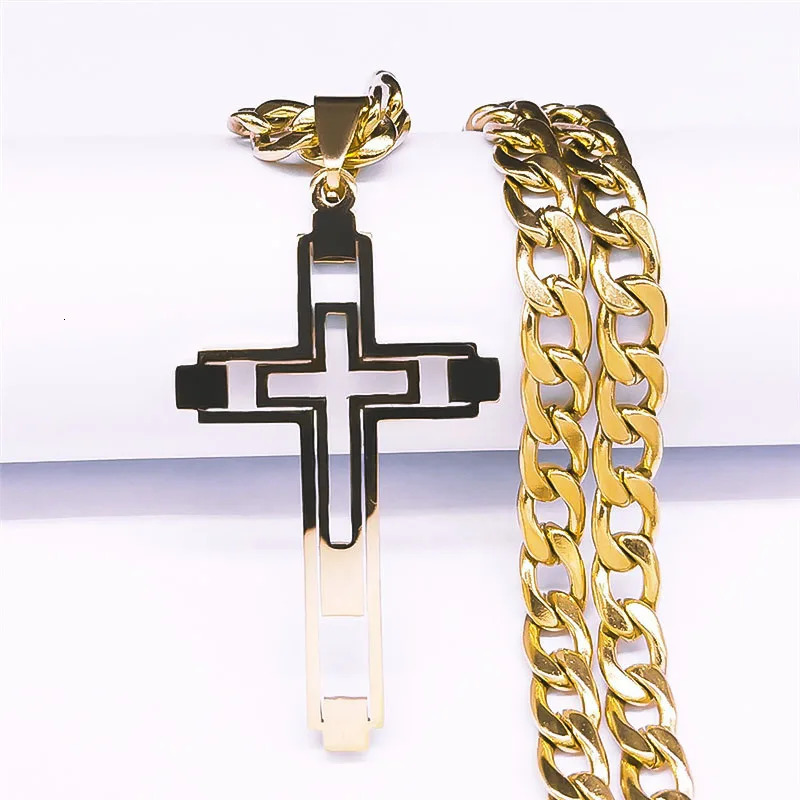 Hip Hop Cross Stainless Steel Chain Necklaces Gold Color Long Pendant Necklace for Women/Men Jewelry collier homme N6055S05 250428