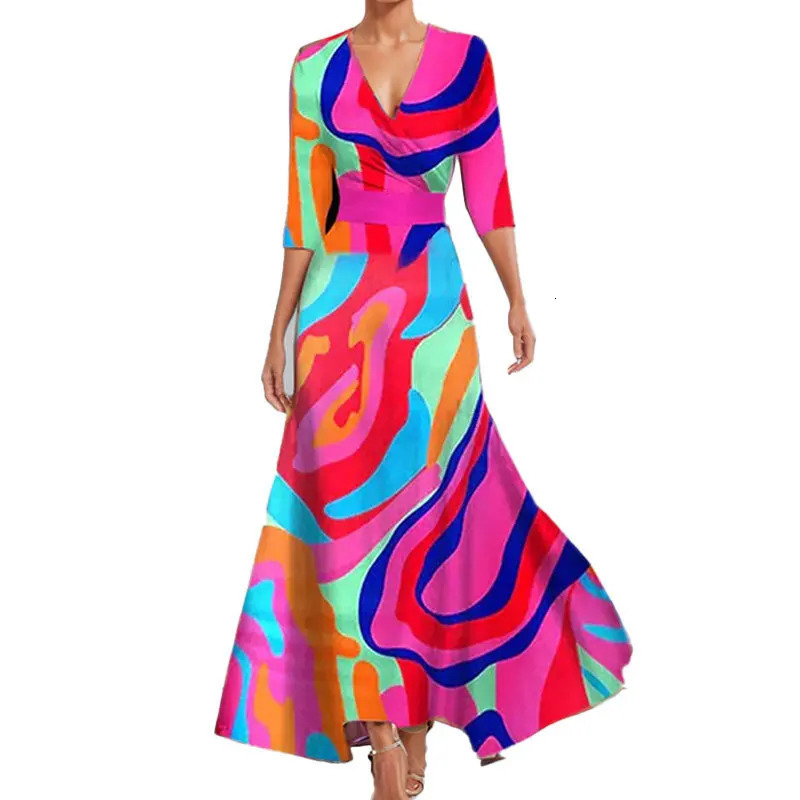 Womens Spring Summer V Neck Belted Long Dress Boho Maxi with Short Sleeves And Pocket Sexy Print Fashion Holiday Party Dress 250428
