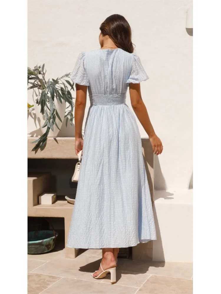 Summer New Fashion Womens Solid V-neck Puff Sleeve Button Office Party Dress Casual Elegant Womens Club Dress Vestidos W250430