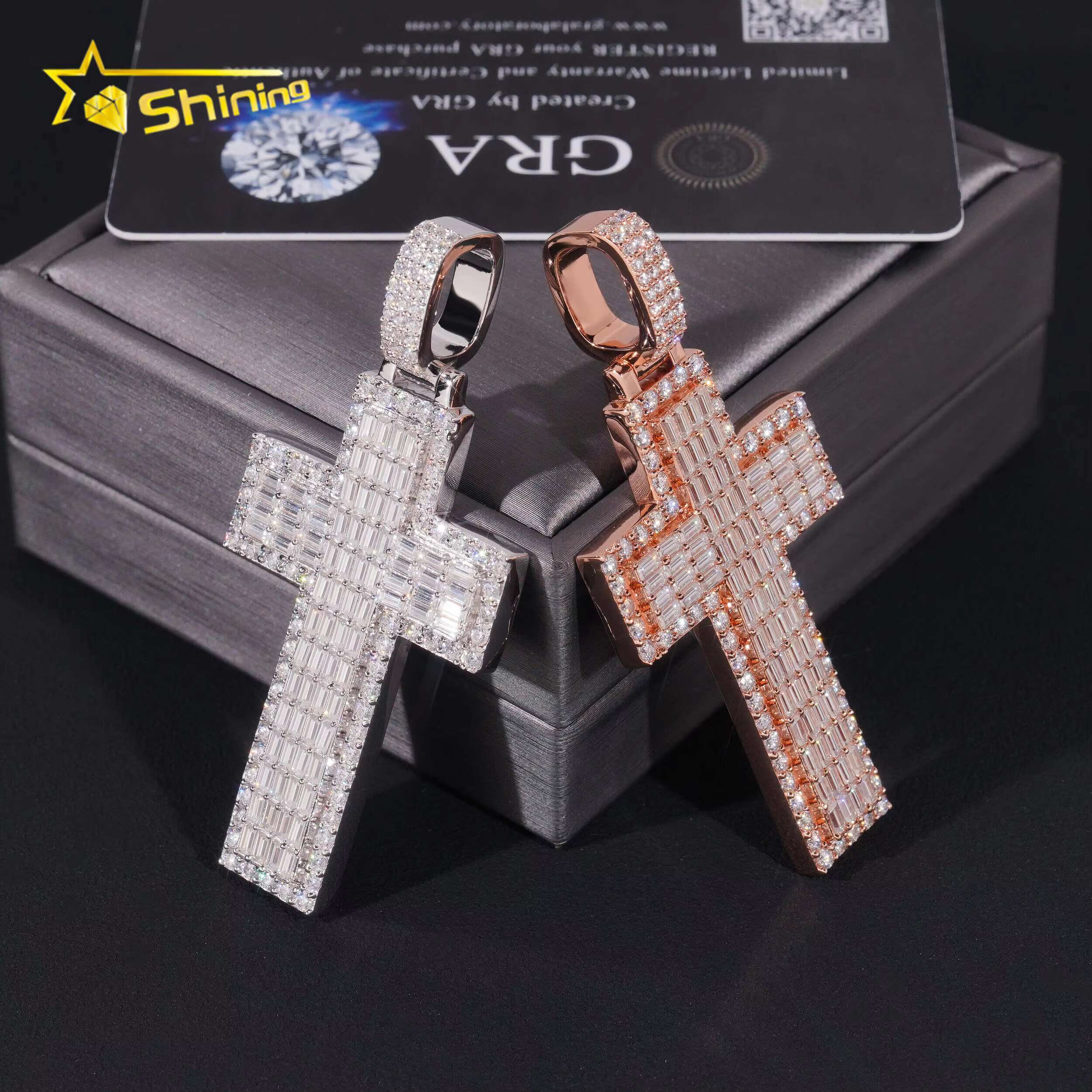 New Baguette Moissanite Cross Pendant 925 Sterling Silver Gold Plated Pass Diamond Tester GRA Moissanite Charms Necklace