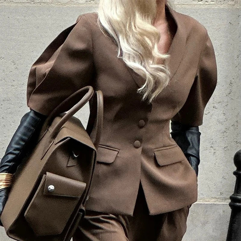 Vneck suit jacket for women ultrathin short sleeved solid color commuting lapel casual minimalist top springsummer 250428