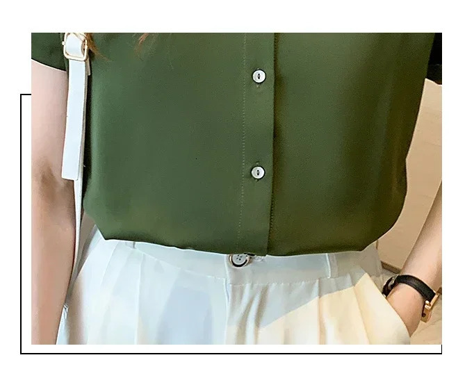 2025 Summer Fashion Collar White Womens Short sleeved Chiffon Shirt Top Blusas Camisas De Mujer E704 250422