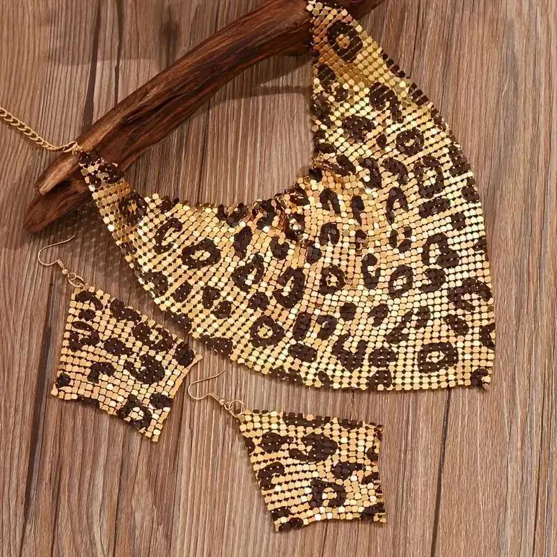 3Pcs Women Leopard Necklace + Earring Fashion Sexy Bright Beads Triangle Scarf Collarbone Chain Earrings Jewelry Set