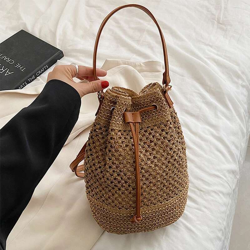designer bag Sumple Straw Bucket For Women Woven Handmade Shoulder Drawstring Crossbody Rattan Beach Bag for Gilrs Travel Purse