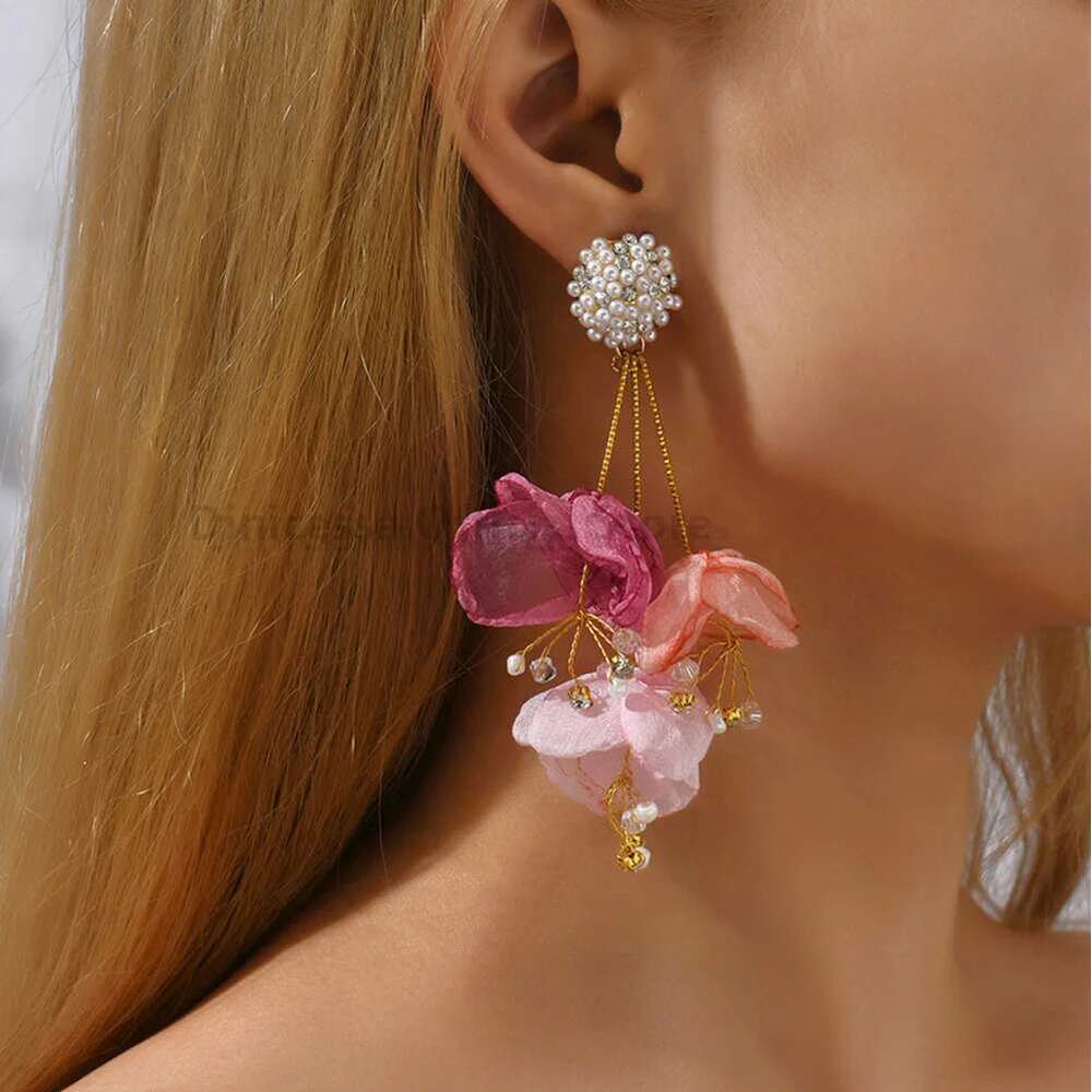 Elegant Fashion Yarn Flower Charm Decor Long Dangle Drop Earrings For Women Trend Female Unusual Wedding Party Jewelry