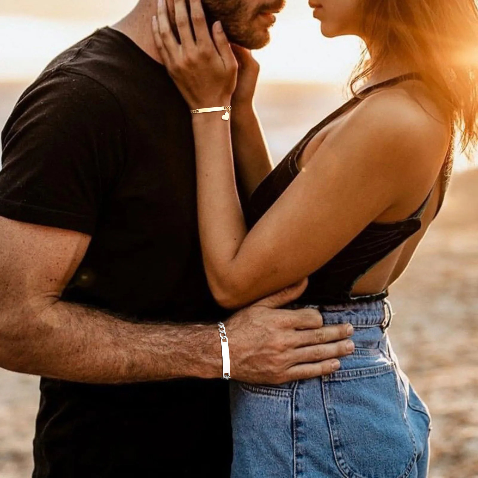 Vnox Custom Valentines Day Gift Jewelry for Couples Love Promise Bracelets for Women Men Heart Charm Figaro Chain Bracelets 250430