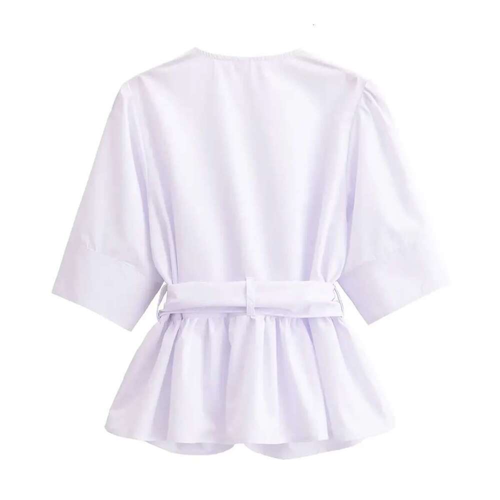 ZBZA Women's Bow-decorated Double-breasted Shirt V-neck Short-sleeved Tie-down Loose Hem T-shirt Spring and Summer New Chic Top
